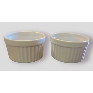 HIC Ramekins - White Ribbed Round- Porcelain - 4 oz. - 3" Diameter - Set of 2